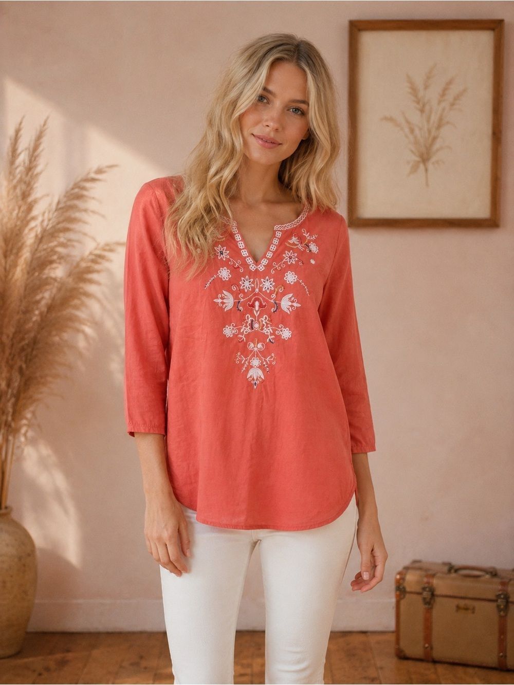 Sweet Magnolia Coral Embroidered V-Neck 3/4 Sleeve Blouse Boho Aesthetic